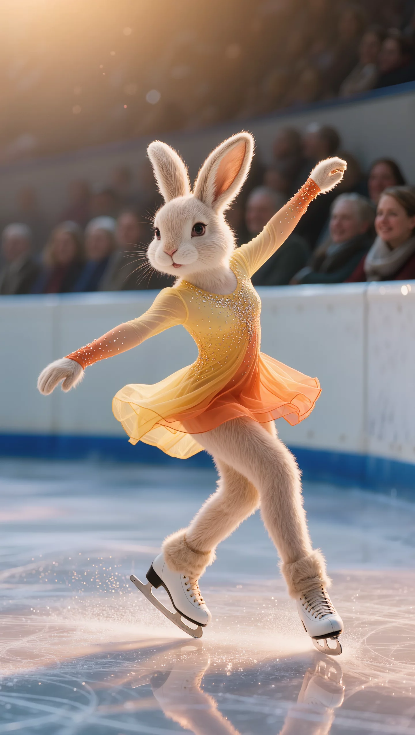 Anthropomorphic Rabbit Figure Skating In Warm Yellow Orange Dress | AI ...